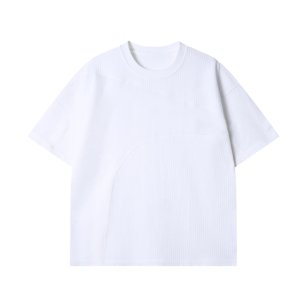 夏季高级感新款基础纯色竖纹拼接肌理感简约休闲时尚潮流上衣