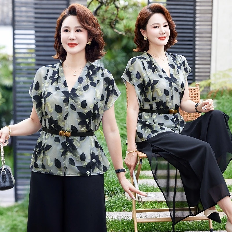 中年夏装时尚T恤妈妈装夏季中老年V领收腰气质时尚短袖上衣套装