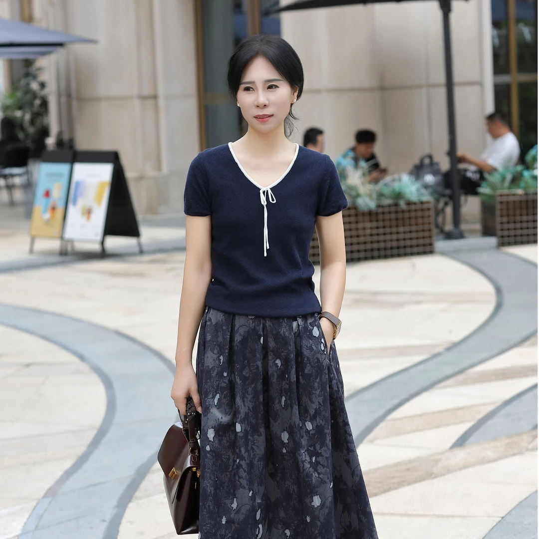 杜小小“精致时刻”法式气质轻奢领口拼接时尚优雅修身显瘦上衣2533