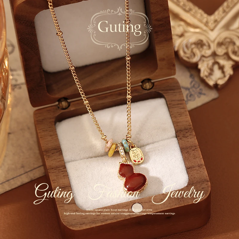 铜合金项链 7193双面红色葫芦吊坠串珠毛衣项链女秋冬百搭配饰