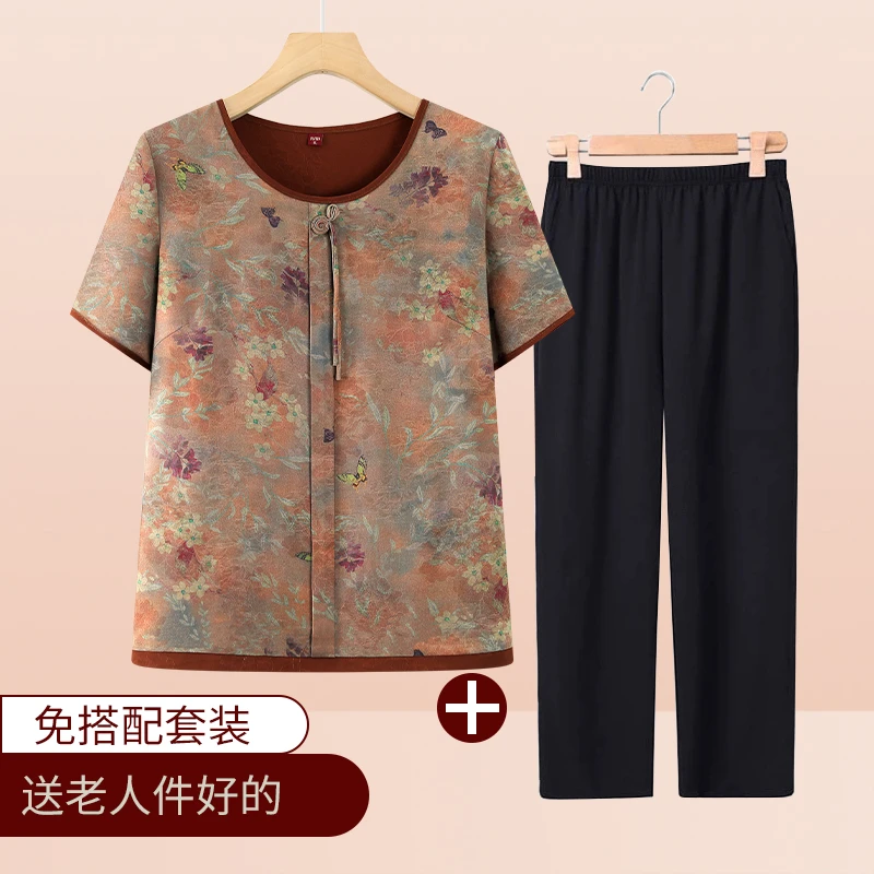 新品奶奶装夏季套装中老年女装宽松妈妈短袖衬衫老人老太两件套