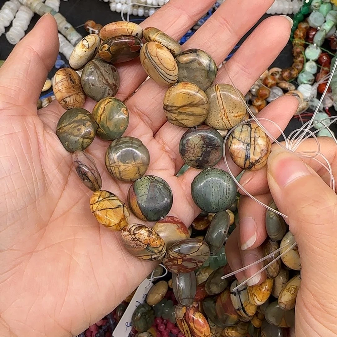 玛瑙/玉髓合金珠宝半成品毕加索石15mm圆饼一条