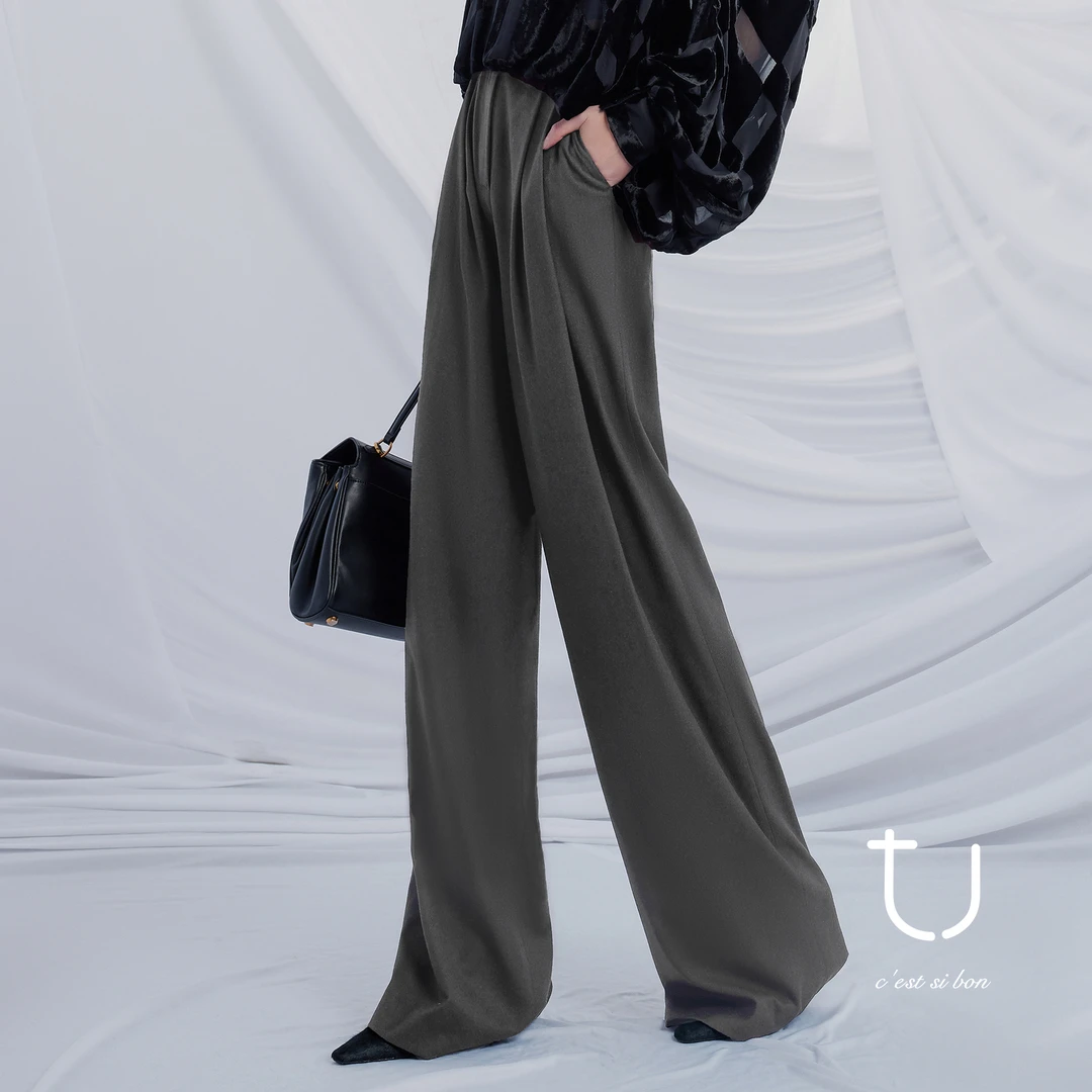 TU女装高腰直筒裤女通勤秋冬新款褶皱宽松阔腿显瘦休闲裤子