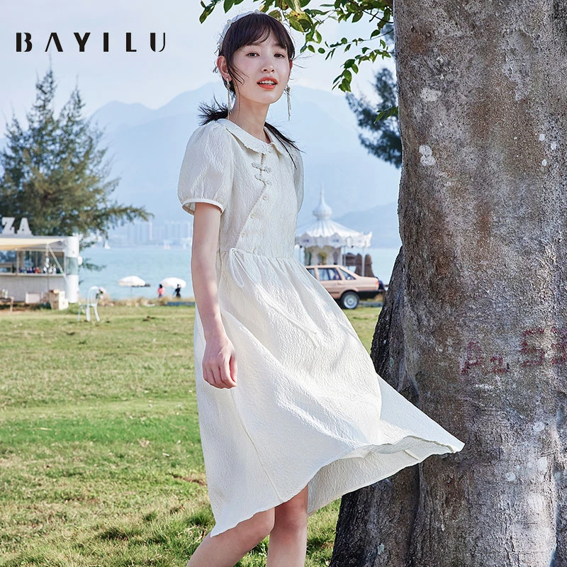 【雪依专属】芭依璐夏季新中式连衣裙女小众小白裙81L7006