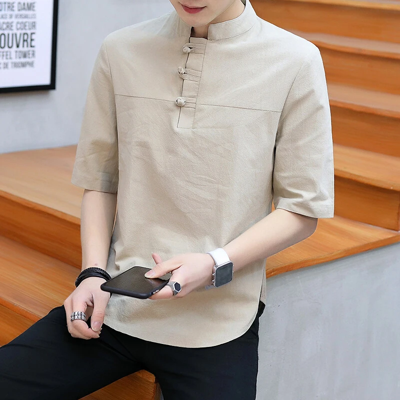 亚麻短袖恤男士大码刺绣棉麻中国风男装薄款立领夏季上衣潮流复古