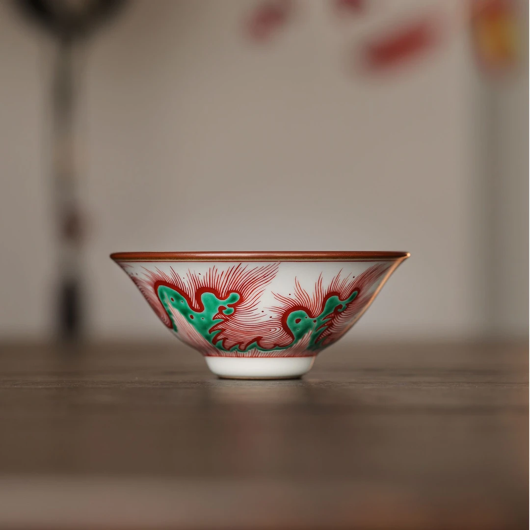 柴窑藏器纯手工红绿彩海水龙纹宋韵斗笠杯