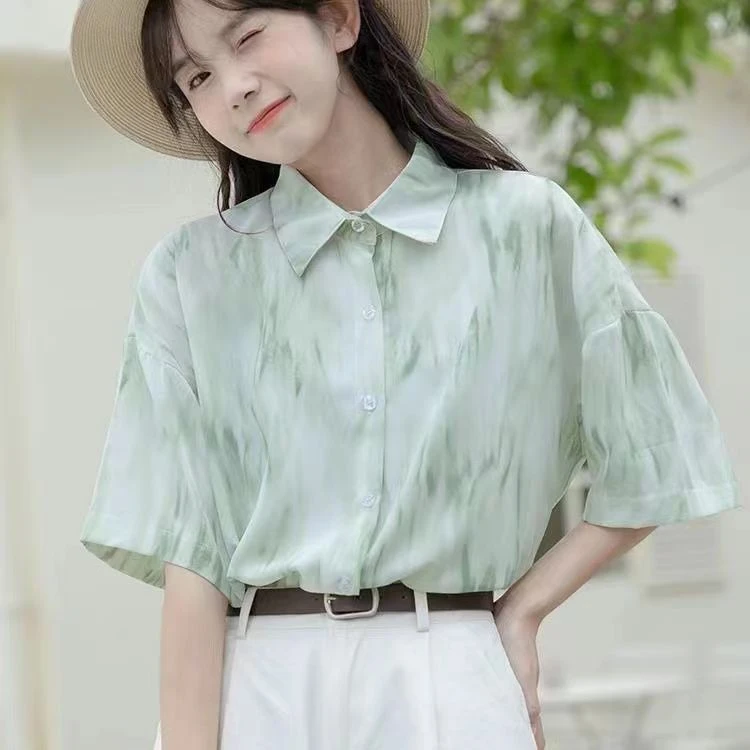 ins港风薄荷绿衬衫薄款女2023夏季设计感宽松印染开衫潮小清新