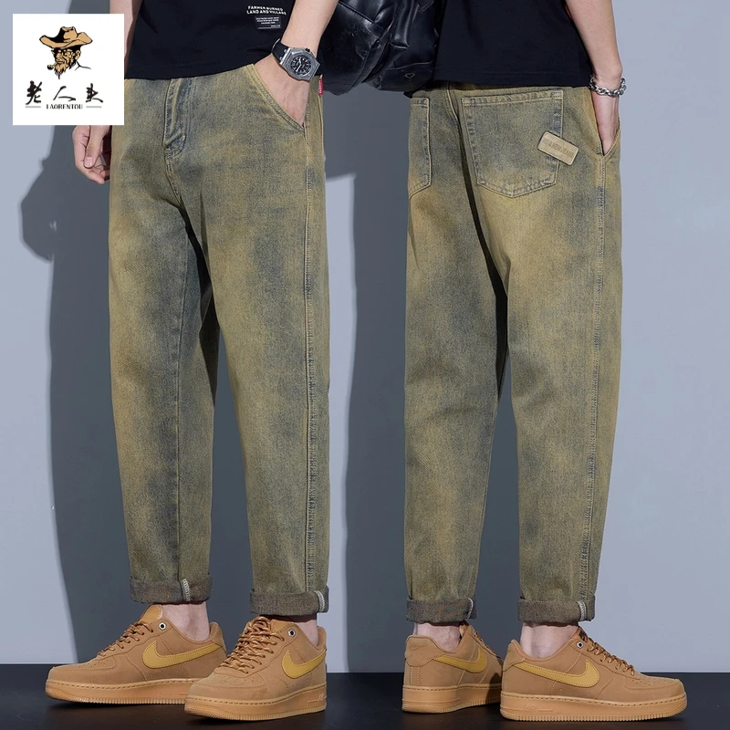 老人头美式牛仔裤男春季潮牌黄泥色复古痞帅宽松直筒锥形裤子男士