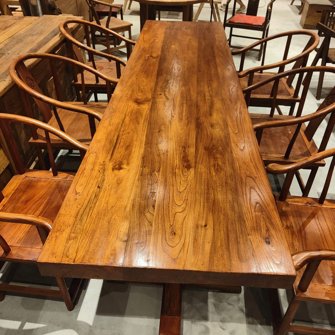 老榆木大板茶桌原木实木办公台书餐桌黑整板新货出厂