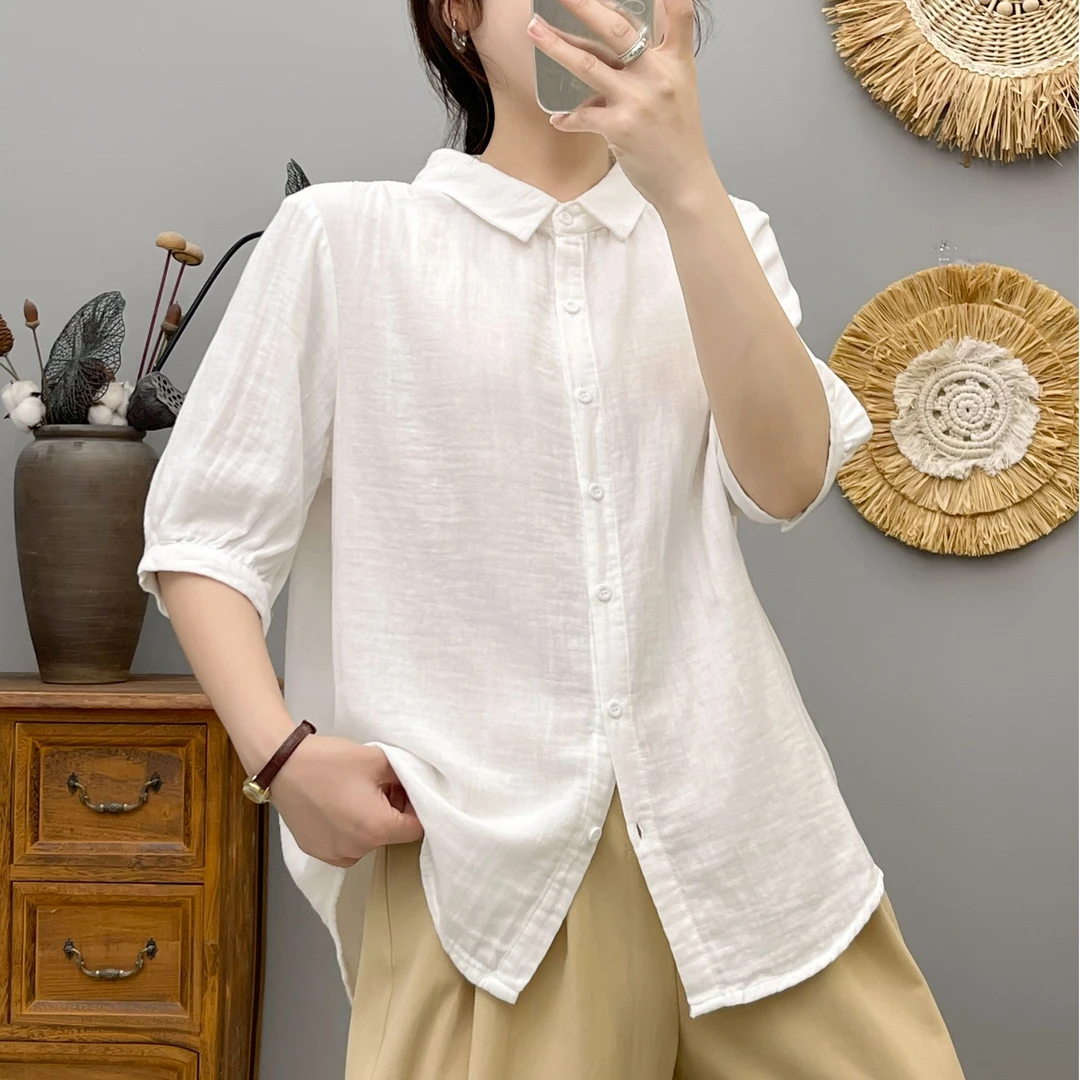 韩版夏新款净版纯色女士纯棉双层纱短袖衬衫休闲百搭显瘦文艺衬衫