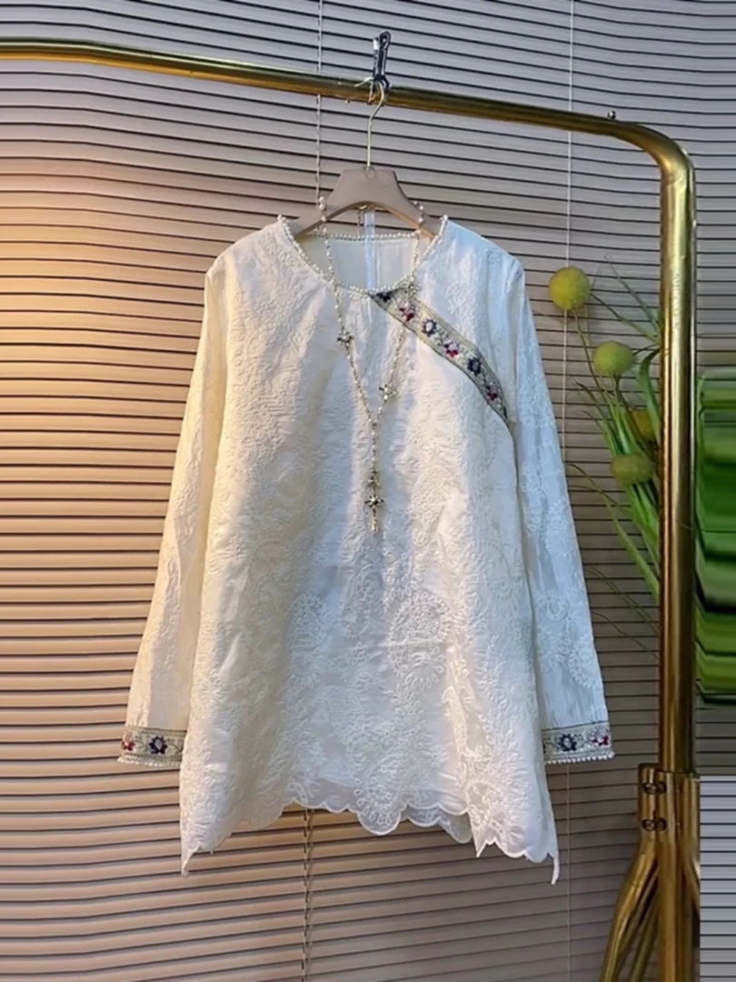 Z2390高级感立领钉珠亮片提花网纱蕾丝衫女2025新款喇叭袖上衣