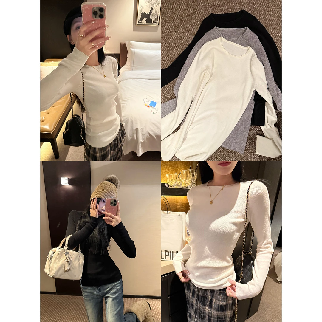 70不是七十【冬日轻启】秋冬季韩系修身小圆领中长羊毛毛织打底上衣