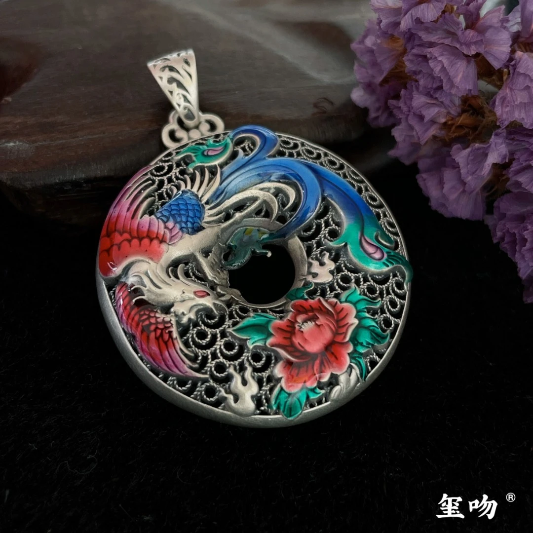 吊坠足银 【玺吻】足银999.9珐琅彩凤穿牡丹双面凤凰吊坠DZ341