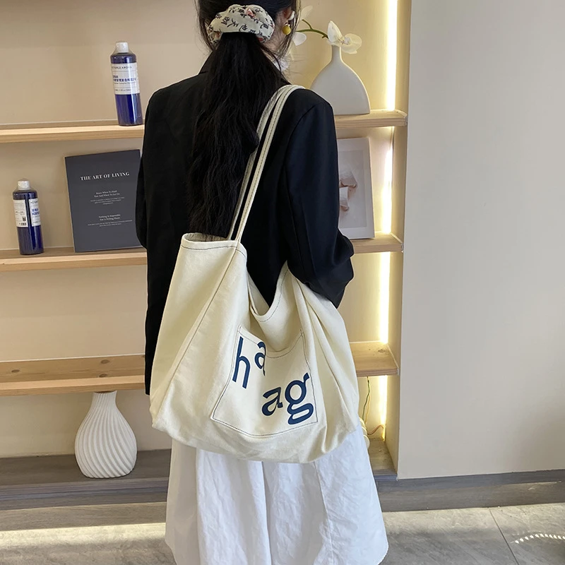 新款ins大容量单肩包帆布包女托特百搭购物袋字母印花包