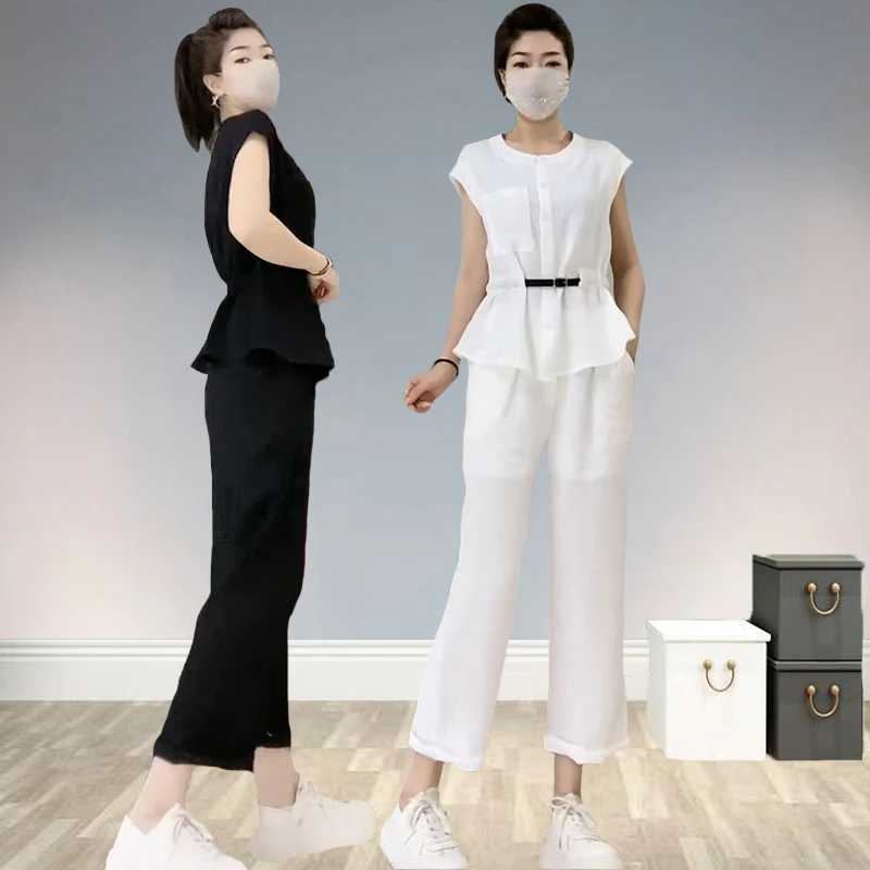 夏季新款时尚休闲透气套装665洋气简约设计感气质收腰上衣+直筒裤