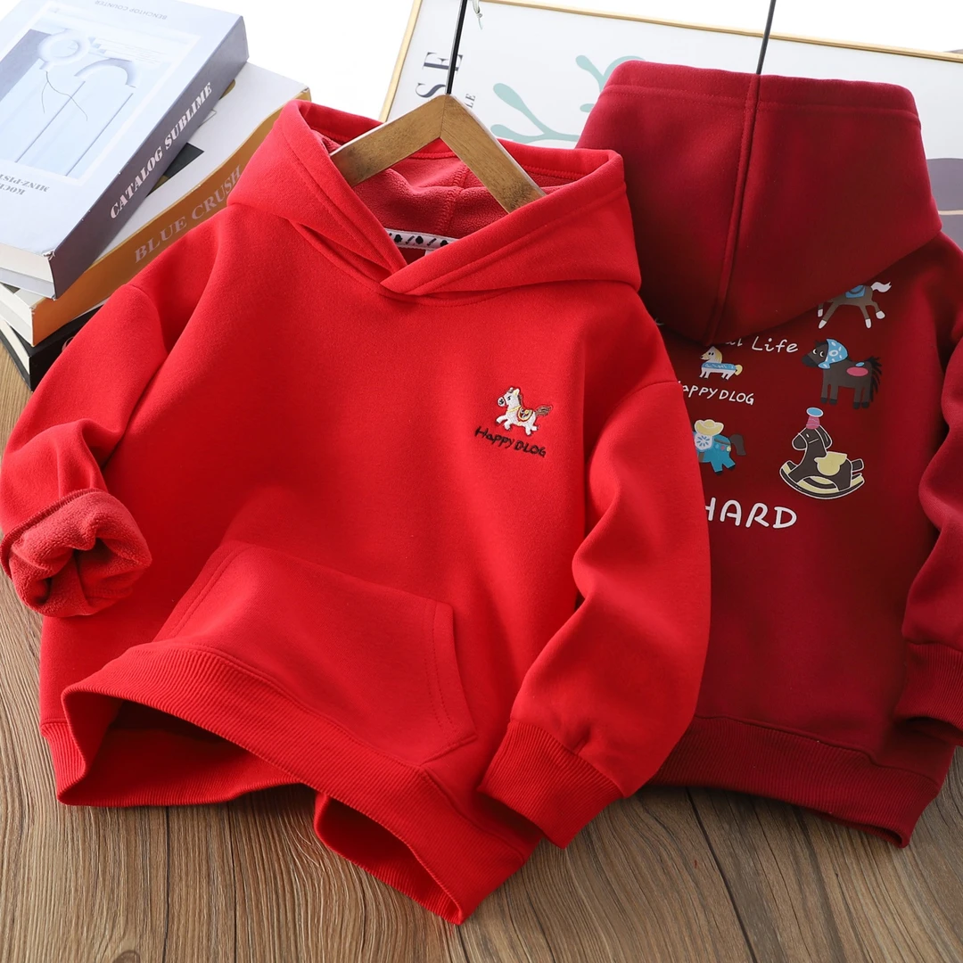 新年装男童加绒卫衣2026马年儿童一体绒保暖上衣中大童加厚拜年服