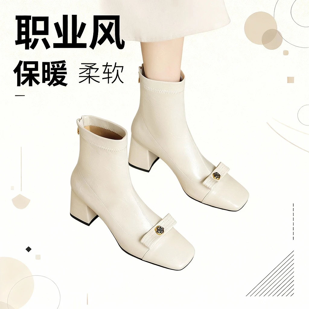 秋冬皮靴蝴蝶结方头粗跟高跟短靴女棕色米白色靴子职业鞋瘦瘦靴QD