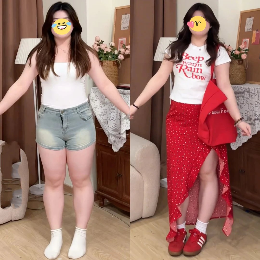 大码白色字母短袖T恤+红色花边不规则半身裙两件套夏胖MM显瘦套装