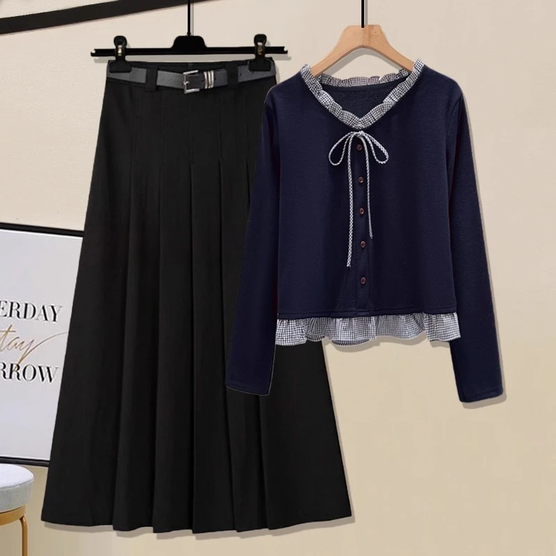 2025秋季新款韩系穿搭减龄蝴蝶结撞色针织上衣高腰百褶半身裙套装
