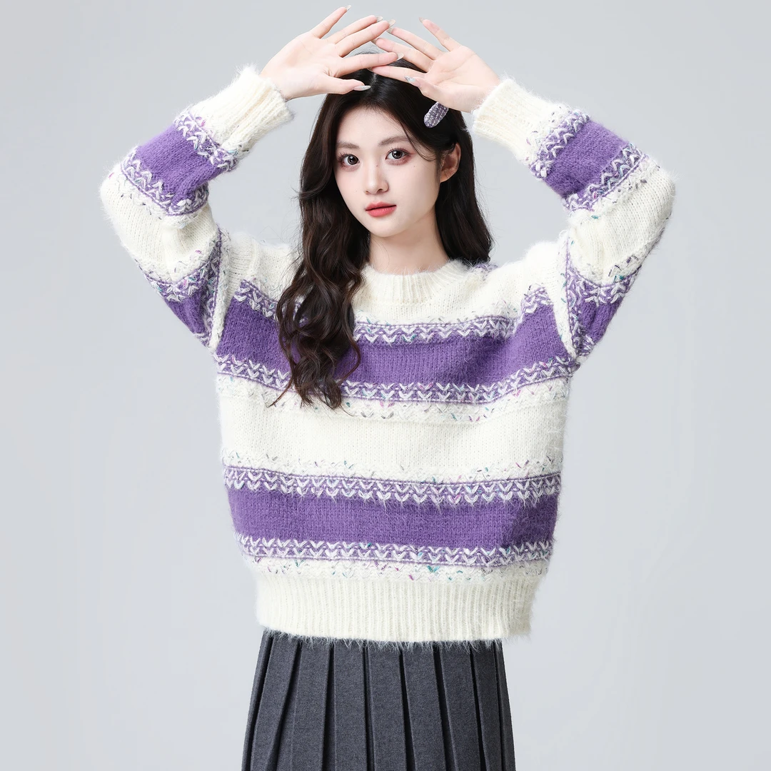 紫色条纹加厚毛衣女2025秋冬新款软糯宽松慵懒内搭圆领针织衫上衣