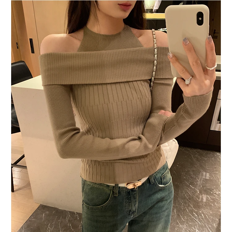 梦优莱假两件卡其色半高领针织衫女装秋冬设计感内搭一字领打底衫