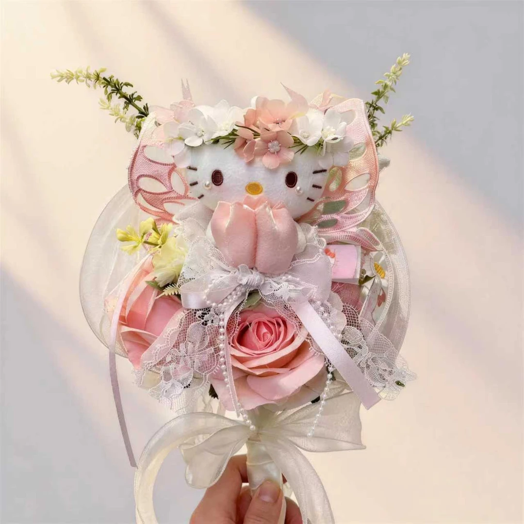 【送礼品袋】正版三丽鸥hellokitty粉蝴蝶仙子花束礼物毛绒挂件