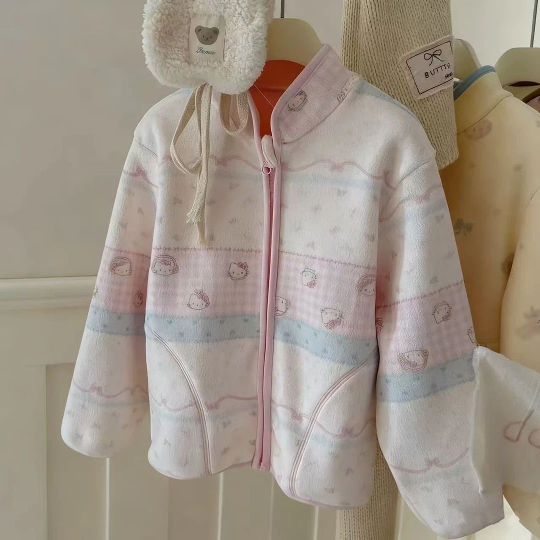 女童奥利绒外套加绒加厚2025秋冬新款KT猫碎花时尚韩版休闲
