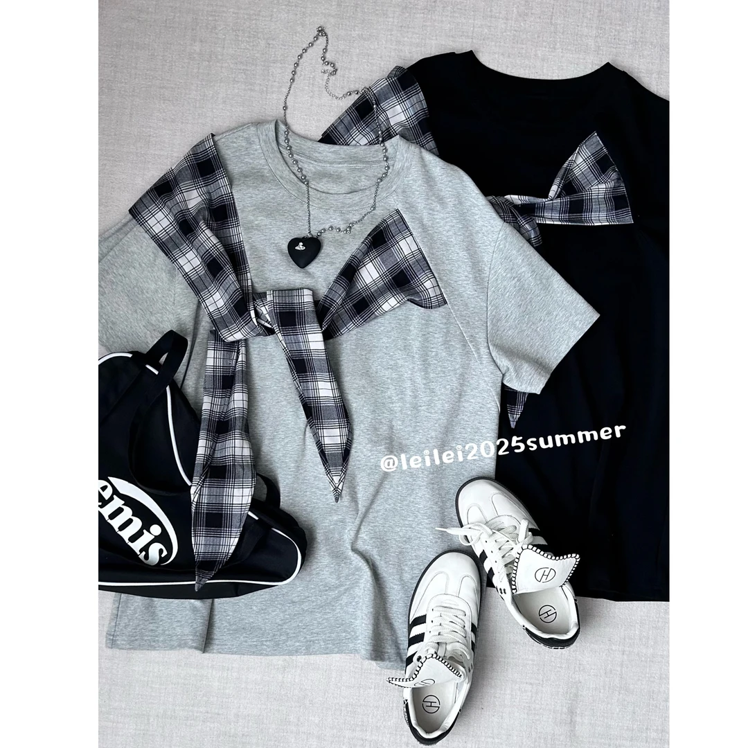 晶咕【鬼马周刊】设计感假两件格纹绑带拼圆领短袖T恤上衣