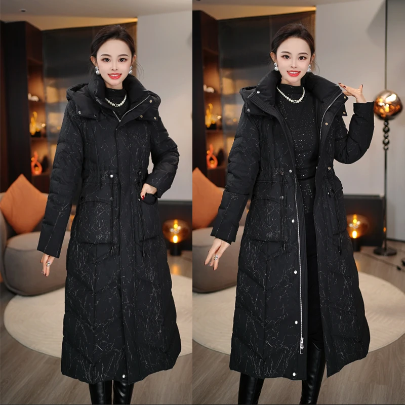 连帽保暖羽绒服女中长款2024年冬季新款白鸭绒时尚减龄显瘦外套