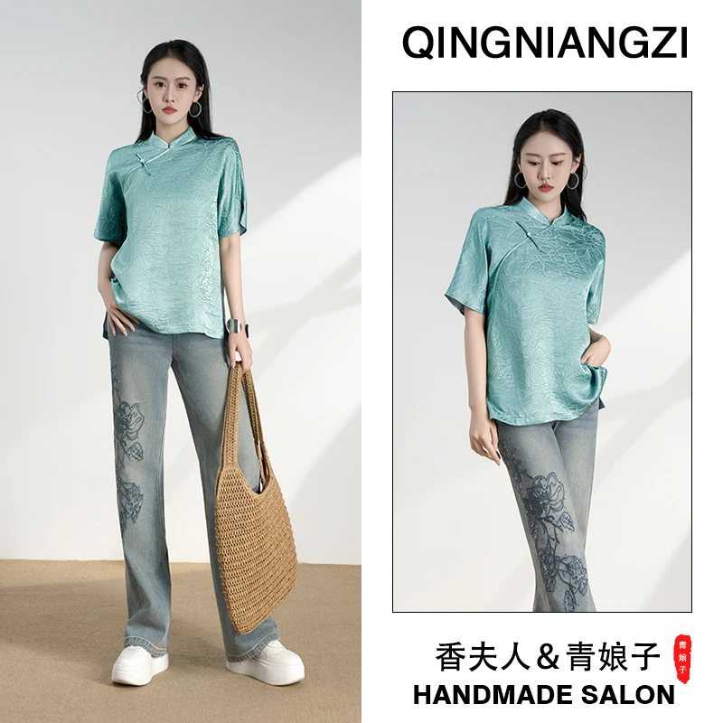 青娘子真丝（宇涵）提花斜襟国风新中式春夏立领时尚套头上衣-60657