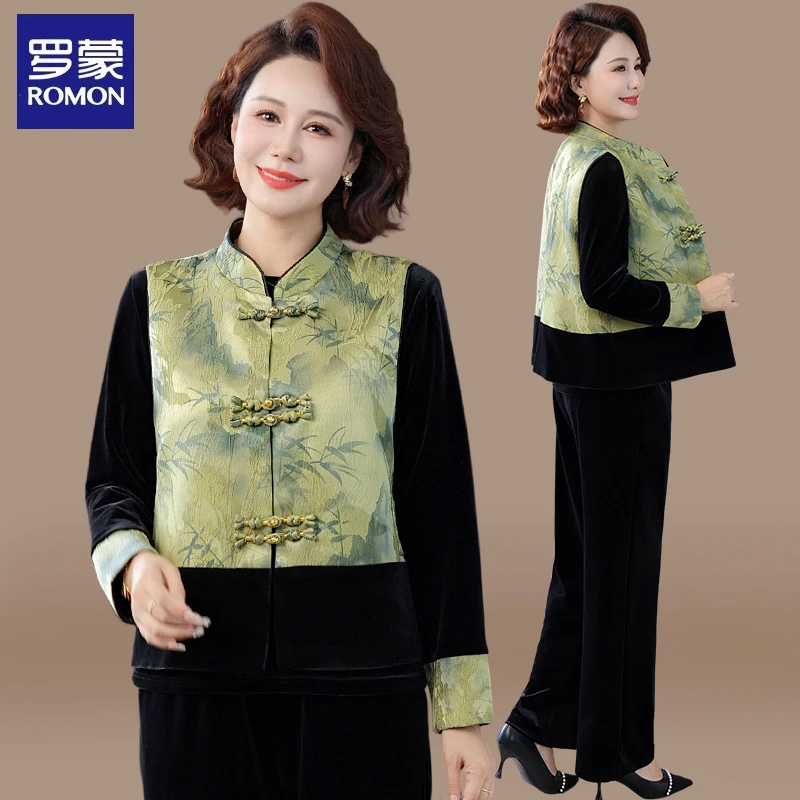 罗蒙新中式妈妈秋装套装国风马甲外套中老年春秋金丝绒小衫上衣女