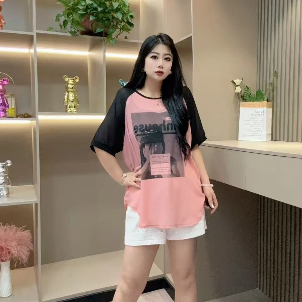 夏季半袖-千 68287 时尚字母美人微透休闲显瘦款胖MM大码女装新款
