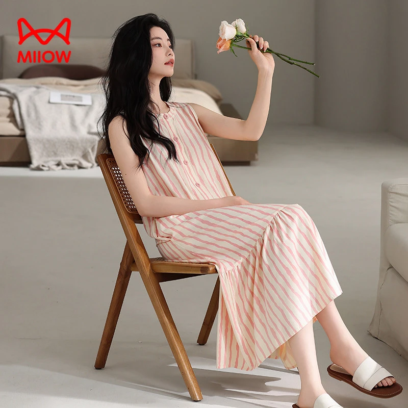 猫人夏季纯棉睡裙女2025流行条纹睡衣夏天度假风中长款显瘦连衣裙
