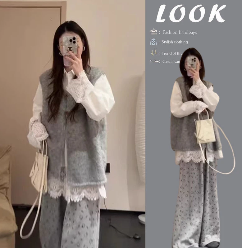 【现货】早秋穿搭2025新款韩版时尚针织马甲衬衫宽松休闲裤三件套装