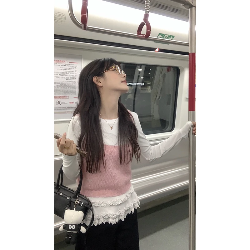 【陈仔】减龄两件套 芭蕾风木耳边显瘦内搭8054针织外搭吊带衫8033