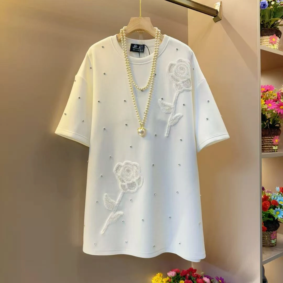 法式赫本风轻奢气质圆领时尚重工镶钻玫瑰花T恤衣长80左右
