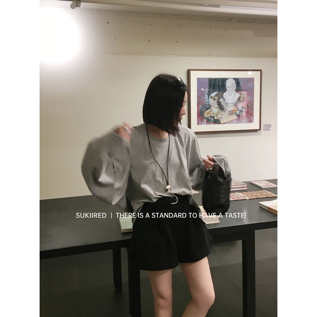 sukiired100棉Oversize阔肩长袖T恤/莱赛尔A字短裤