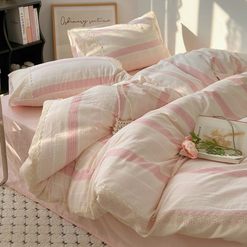 A类条纹粉少女心纯棉双层纱四件套韩式蕾丝花边被套简约亲肤床品4