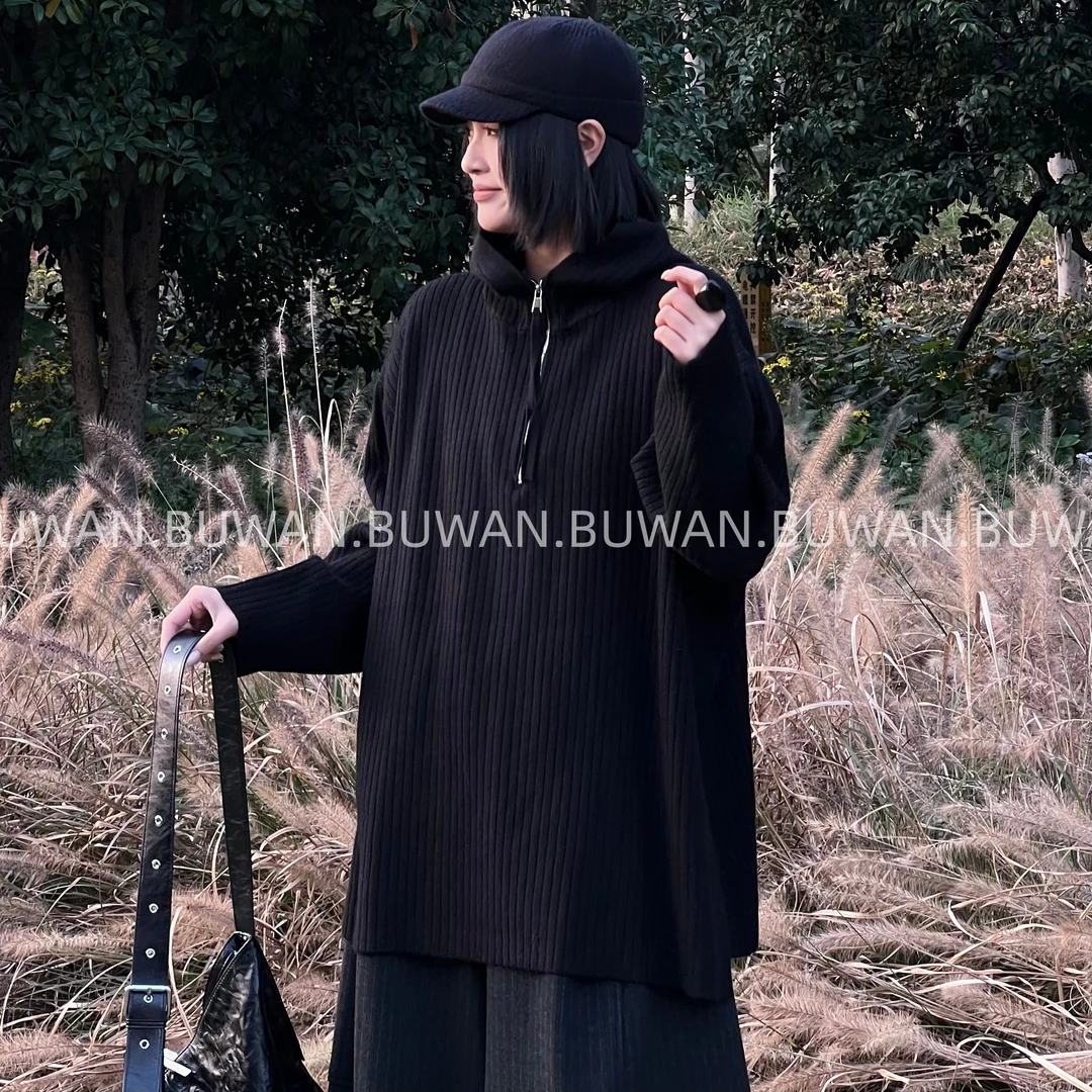 BUWAN【直觉】欧货连帽半拉链针织大版宽松侧开叉显瘦针织毛衣5825