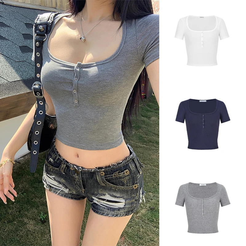 Moses Queen/魔西女王辣妹心机半开领短袖露脐T恤ins纯欲修身上衣