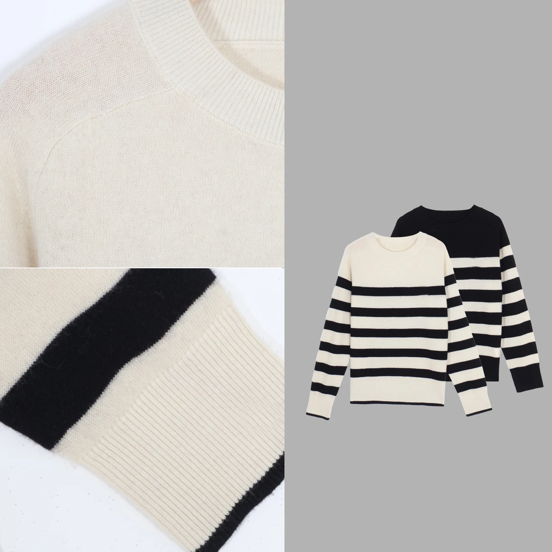 凯特丝蓓3589#【罗未】螺纹圆领慵懒撞色条纹刺绣休闲针织衫