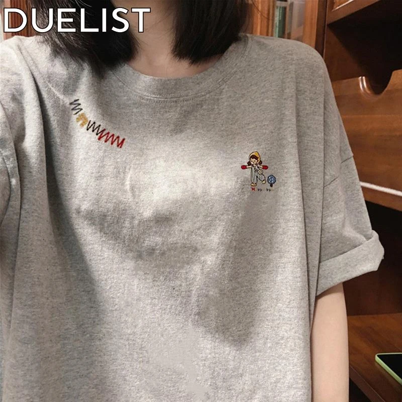 DUELIST夏季新款灰色短袖女宽松百搭中长款休闲大版卡通印花上衣
