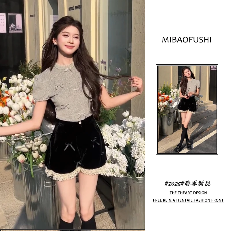 夏季一整套女装2025年新款韩系设计感蝴蝶结t恤蕾丝阔腿裤两件套