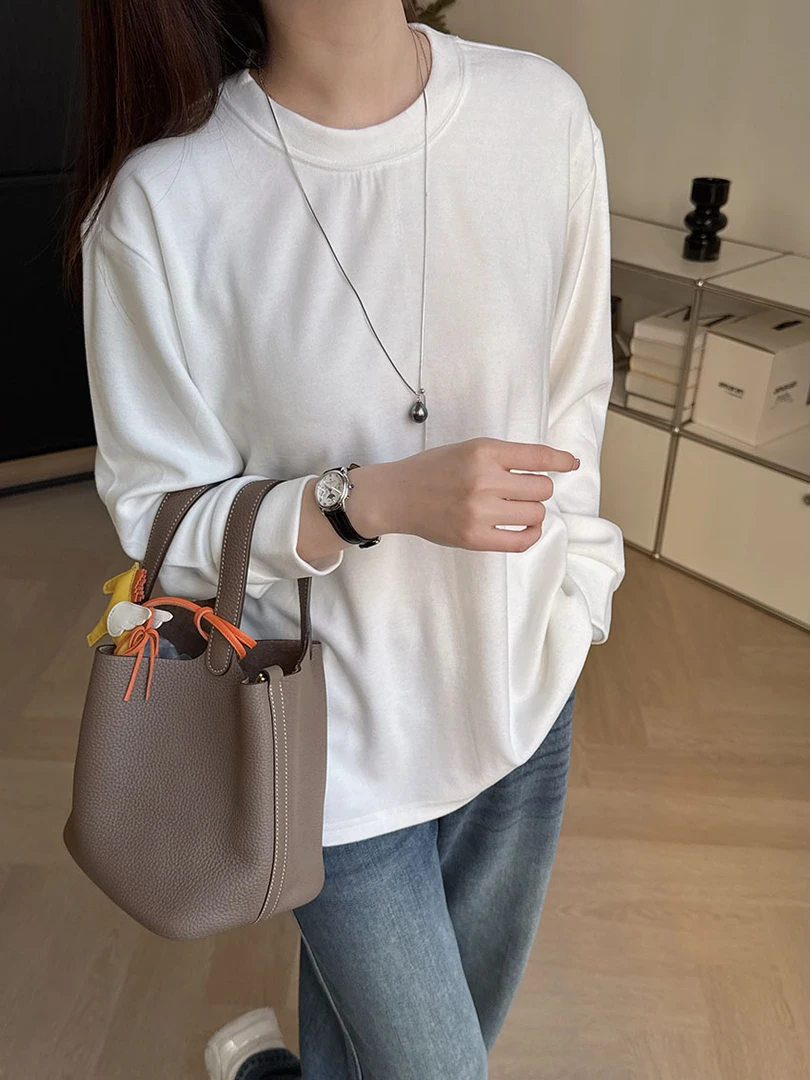 叠穿苾入 圆弧下摆磨毛棉长袖三粒扣叉袖百搭外穿内搭中长宽松T恤