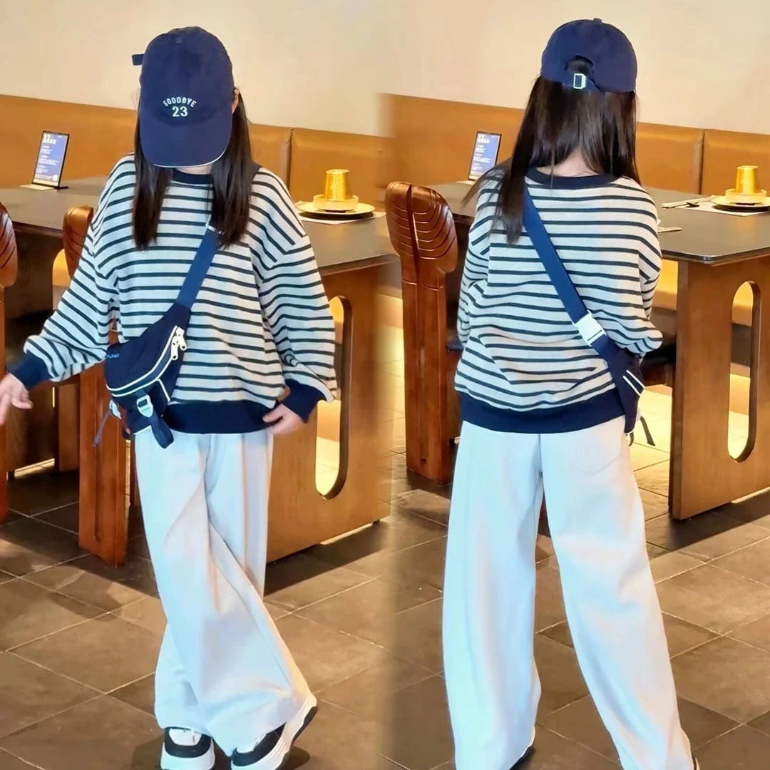 女童套装儿童春秋休闲风百搭条纹套头卫衣女孩糯米裤韩版休闲童装