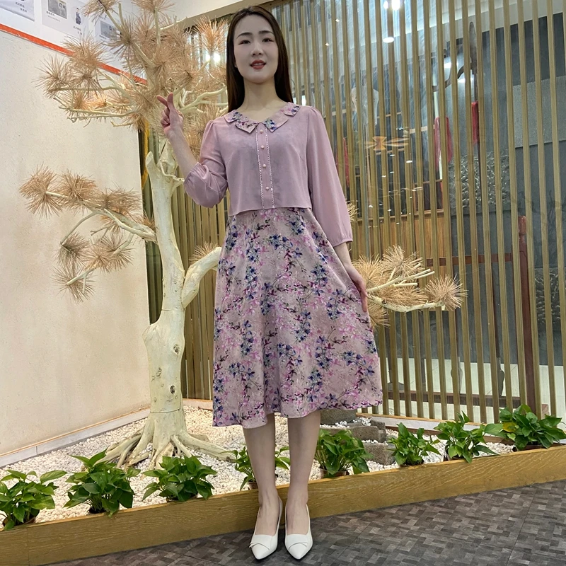 春夏洋气家里假两件印花连衣裙女高端大气翻领七分袖显瘦气质中裙