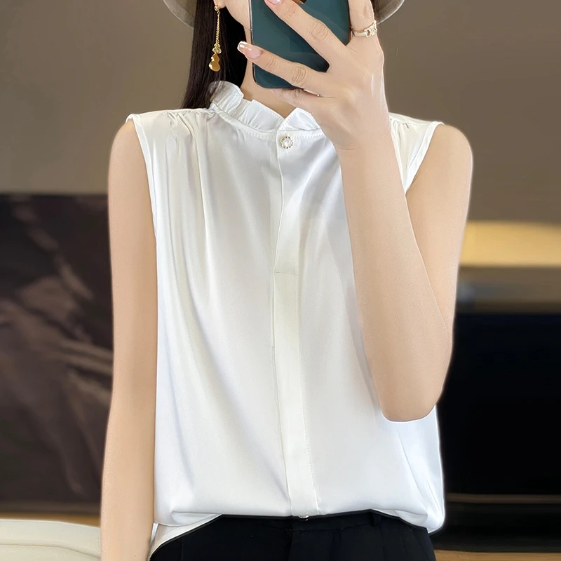 丝滑缎面打底背心女夏季气质木耳边t恤立领法式无袖上衣内搭衬衫