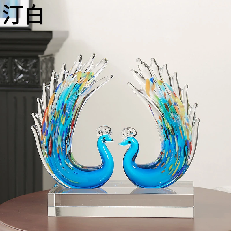 现代轻奢艺术彩色琉璃孔雀摆件客厅柜玄关工艺品装饰品
