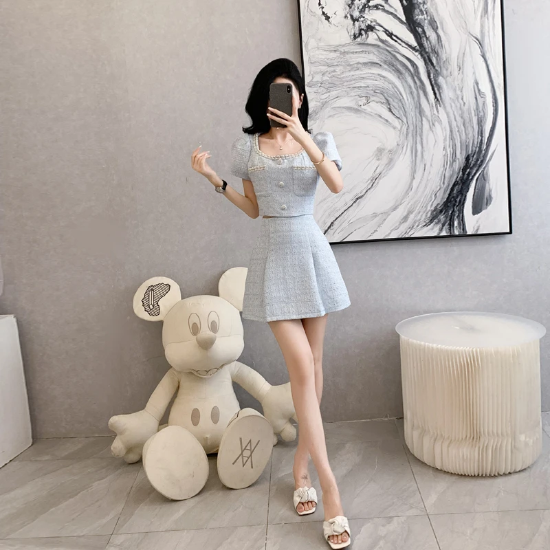 时尚小香风套装裙女夏季气质高级感法式设计感短款外套裙子两件套