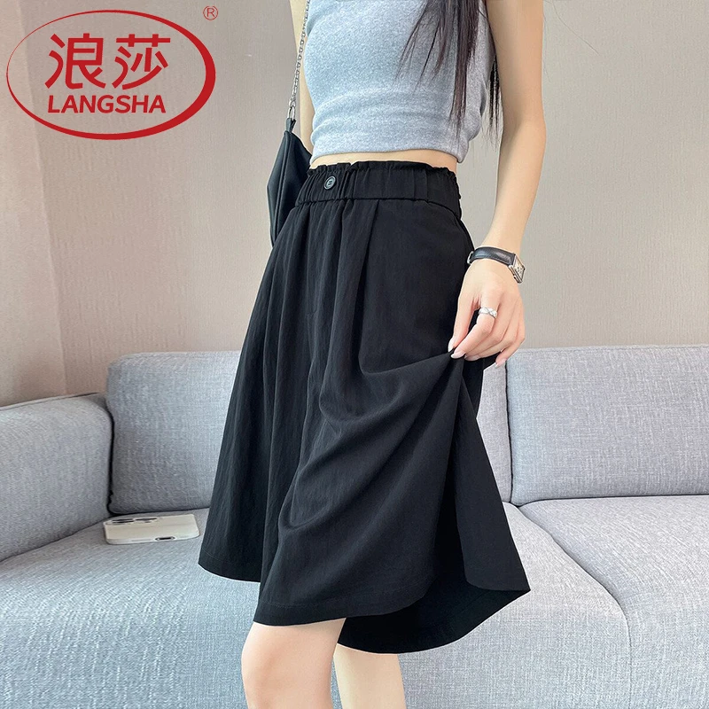 浪莎冰丝山本短裤女夏季新款大码高腰休闲阔腿中裤薄款五分裤子潮